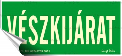 Információs matrica, 25x11,5 cm, fluoreszkáló, utánvilágítós, "Vészkijárat"