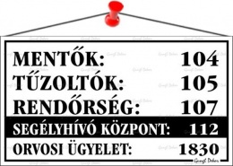 Információs tábla, 22,5x12,5 cm, "Mentők tűzoltók, rendőrség telefonszámok", fehér